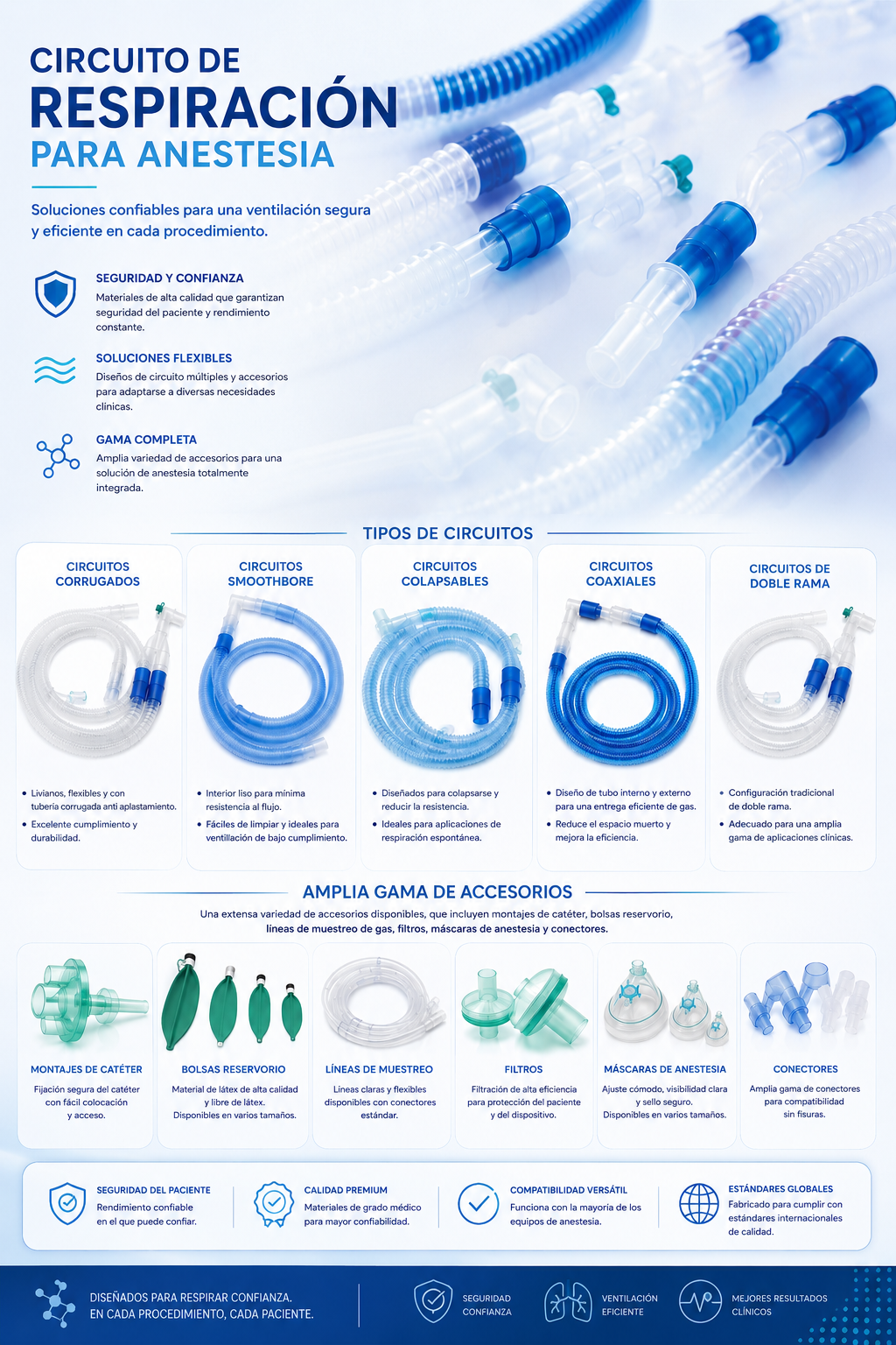 Anesthesia breathing circuits - Corrugated, smoothbore, collapsible, coaxial, dual-limb with accessories (catheter mount, reservoir bags, filters, masks, connectors)